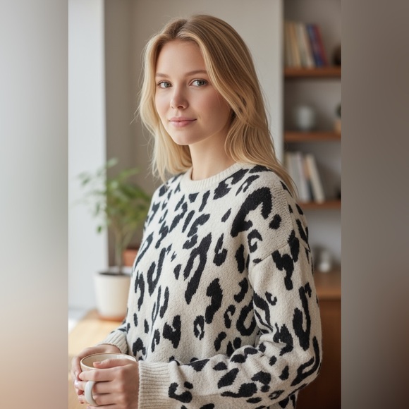 Something Navy Leopard Knitted Sweater Size Small - Picture 2 of 6